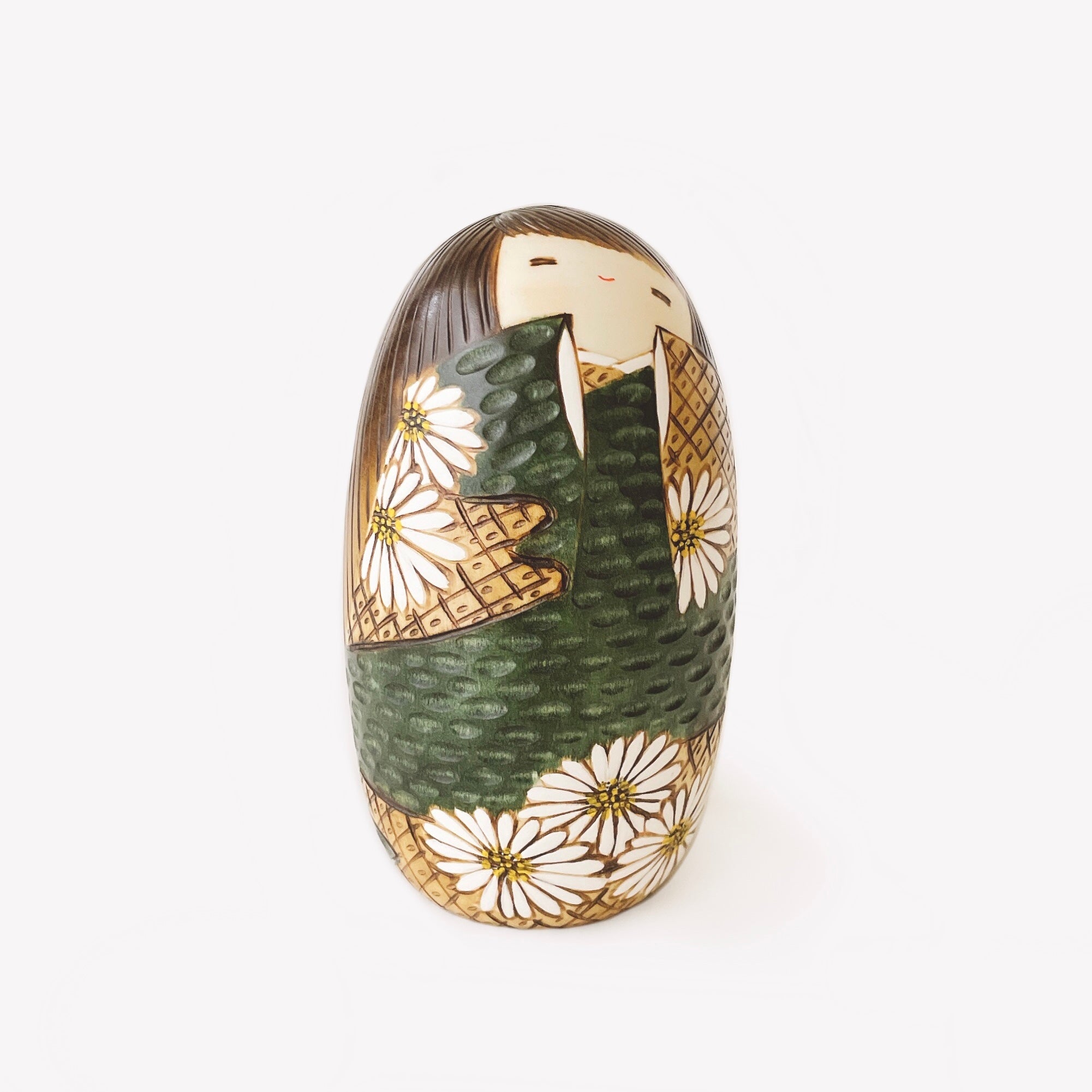 usaburo-kokeshi-hana-goromo-verte-fleurs-figurine-artisanale image 1