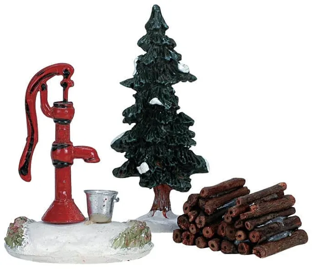 lemax-water-pump-tree-firewood-set-of-3-accessoires-miniatures image 1