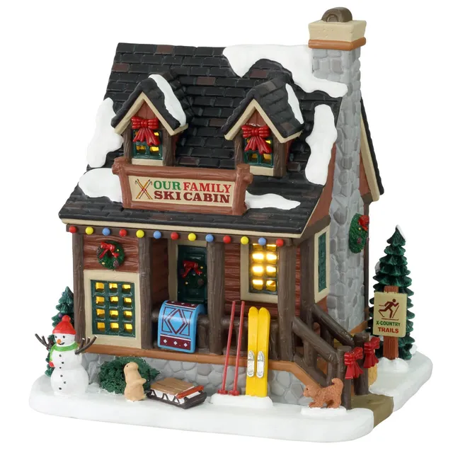 lemax-our-family-ski-cabin-chalet-de-ski-miniature-lumineux image 1